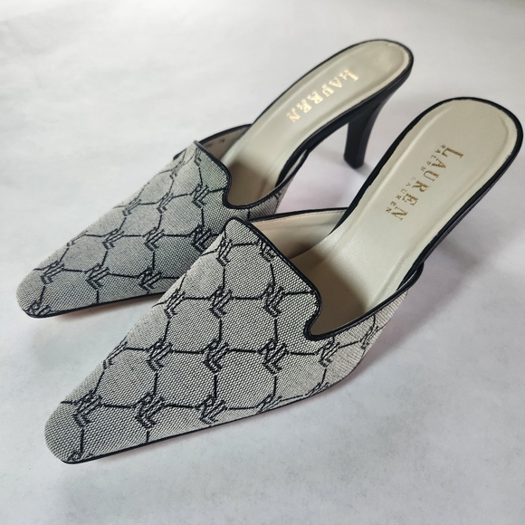 Lauren Ralph Lauren Cecily Heeled Mule Size 7 Gray Black Logo - Picture 1 of 16